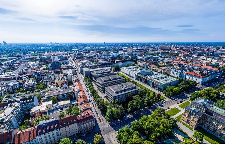 An aerial view of TUM school management, captured during the day