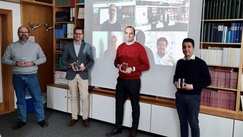 Winners of Best Teaching Award 2021 (from left to right): Prof. Dr. Philipp Maume, Dr. Christian Feilcke, Prof. Dr. Sebastian Schwenen, Yanis Gamarra. Franziska Heyde, Prof. Dr. Benjamin Loos, and Prof. Dr. Michael Kurschilgen participated in the ceremony via Zoom.