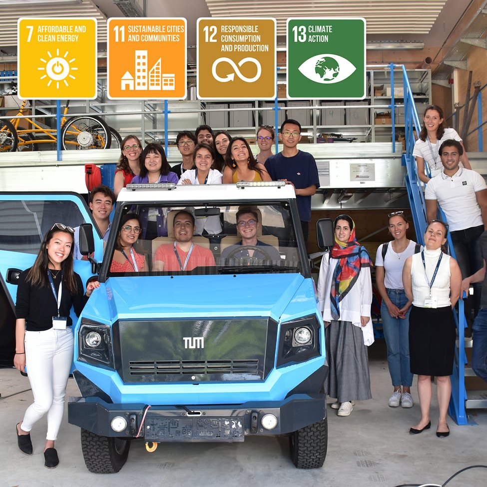 Group of diverse students sitting or standing inside or next to a car in a showroom.