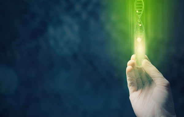 A hand holding a green light which is shape as DNA